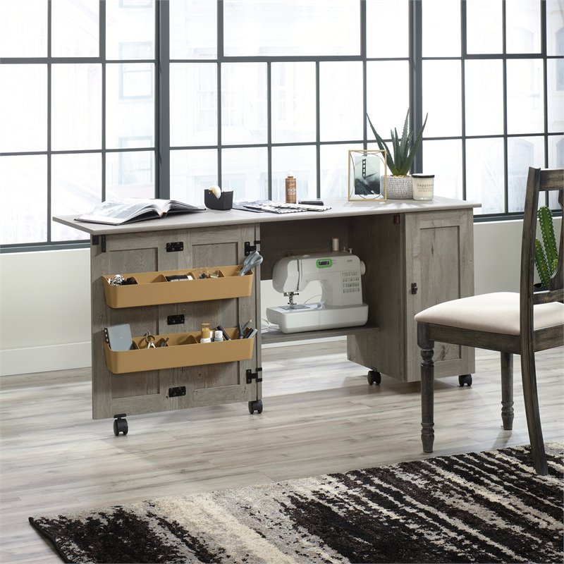 Pemberly Row Contemporary Engineered Wood Sewing Craft Table in Oak