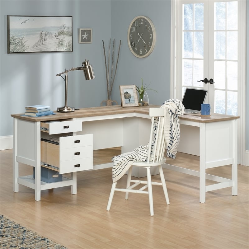 Pemberly Row Contemporary Engineered Wood L-Shaped Home Office Desk in White