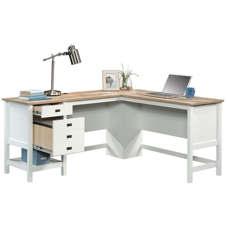 Pemberly Row Contemporary Engineered Wood L-Shaped Home Office Desk in White