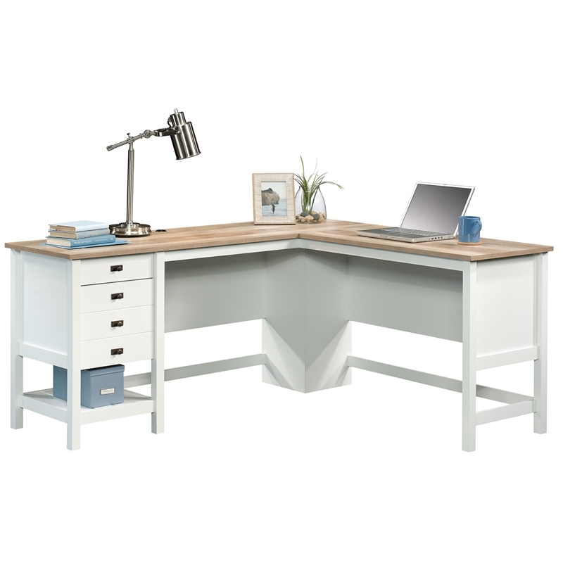 Pemberly Row Contemporary Engineered Wood L-Shaped Home Office Desk in White