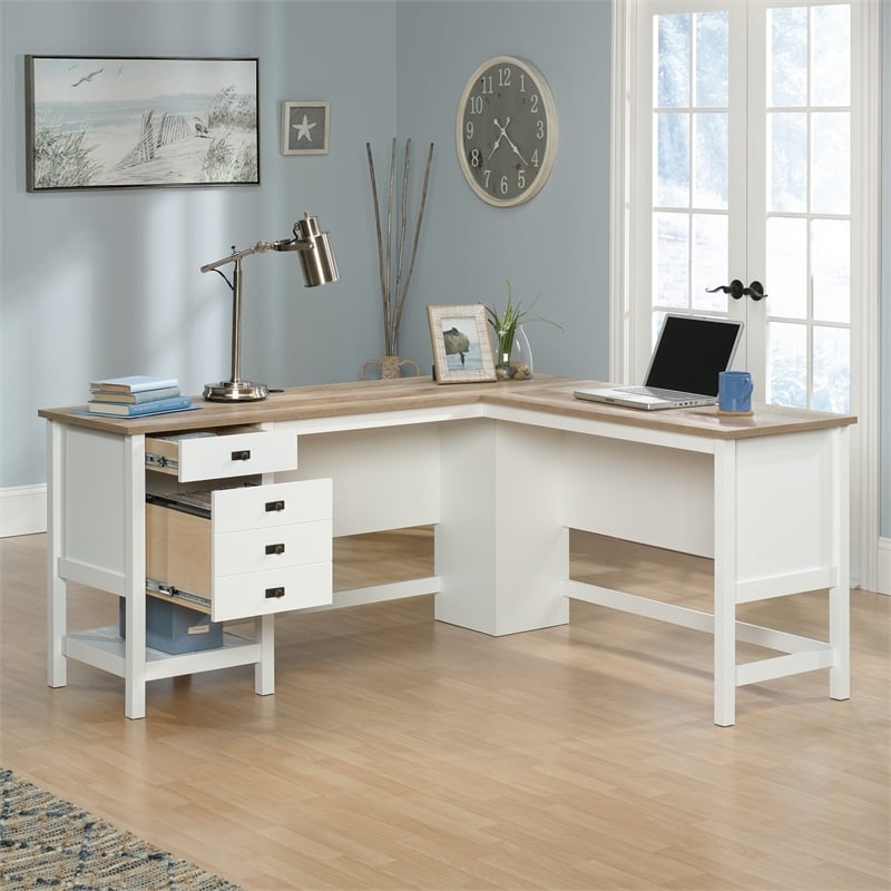 Pemberly Row Contemporary Engineered Wood L-Shaped Home Office Desk in White