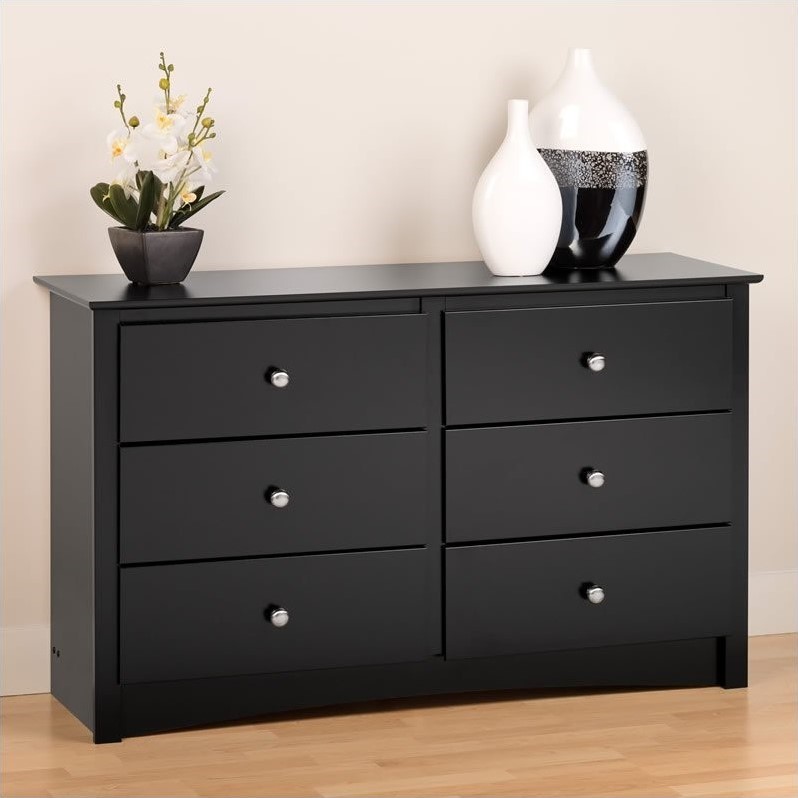 6 drawer double dresser black Black Oak Curved 6 Drawer Double Dresser with Raffia Handles 68 inch –  SLATE CUSTOM main image 1