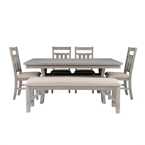Pemberly Row 6-Piece Wood Dining Set Padded Seats & Bench in Weathered Gray/Tan