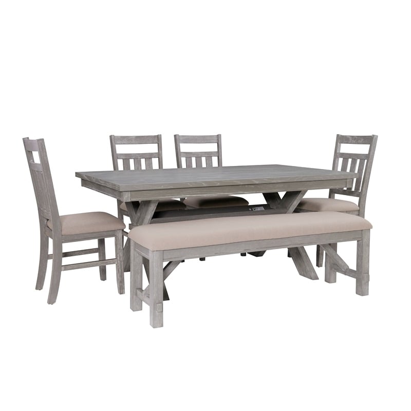 Pemberly Row 6-Piece Wood Dining Set Padded Seats & Bench in Weathered Gray/Tan