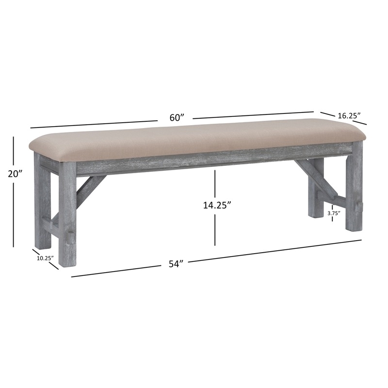 Pemberly Row 6-Piece Wood Dining Set Padded Seats & Bench in Weathered Gray/Tan