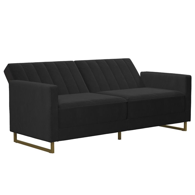 Pemberly Row Coil Futon Modern Sofa Bed and Couch in Black Velvet