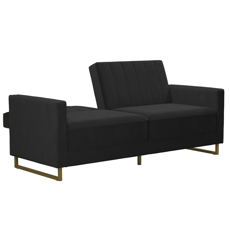 Pemberly Row Coil Futon Modern Sofa Bed and Couch in Black Velvet