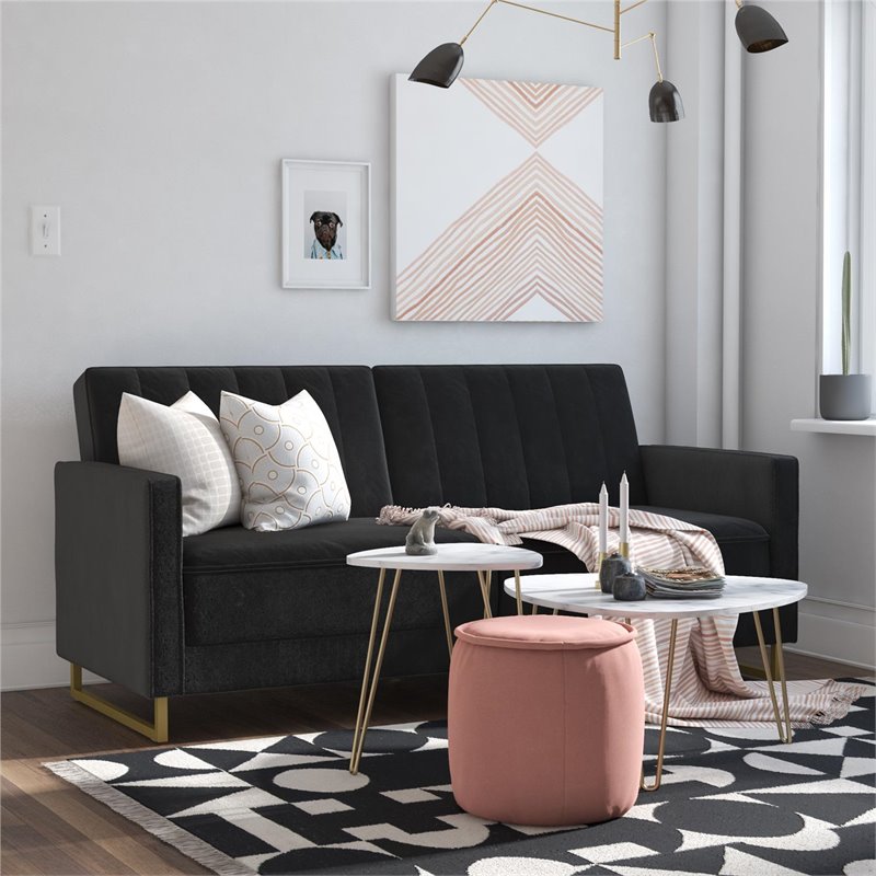 Pemberly Row Coil Futon Modern Sofa Bed and Couch in Black Velvet