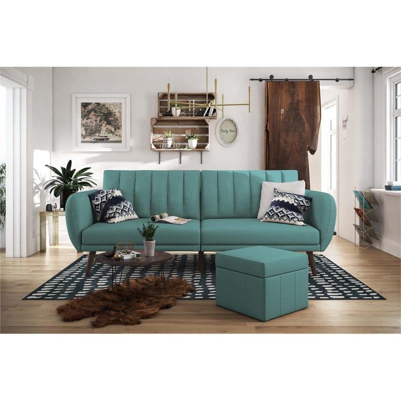 Pemberly Row Upholstered Linen Futon in Light Blue