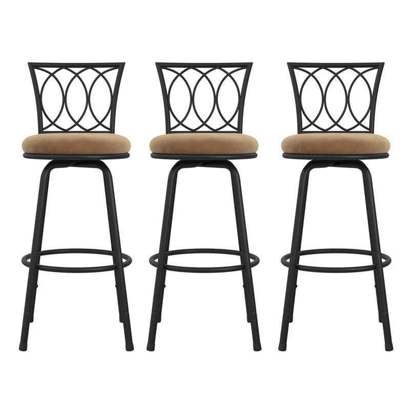 Pemberly Row 24'' Transitional Metal Swivel Barstool in Black/Tan (Set of 3)
