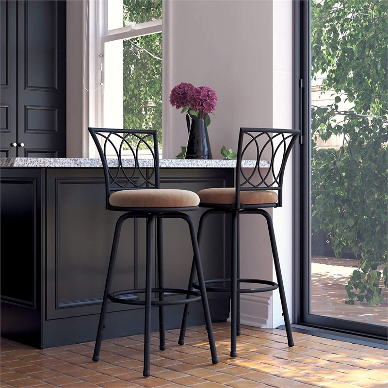 Pemberly Row 24'' Transitional Metal Swivel Barstool in Black/Tan (Set of 3)