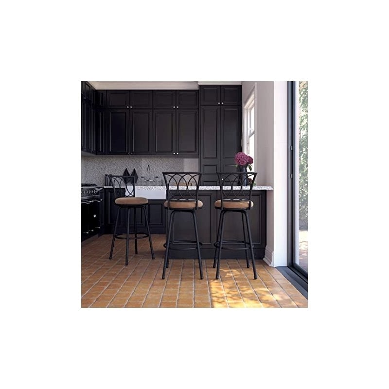 Pemberly Row 24'' Transitional Metal Swivel Barstool in Black/Tan (Set of 3)
