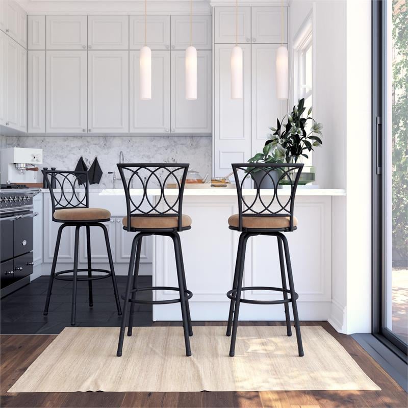 Pemberly Row 24'' Transitional Metal Swivel Barstool in Black/Tan (Set of 3)