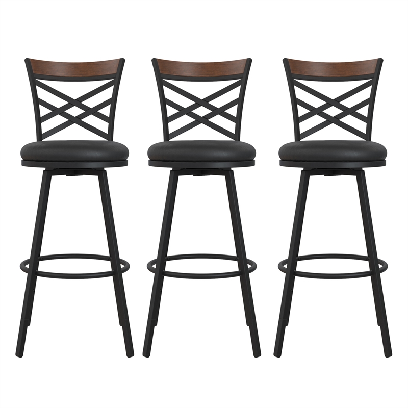 Pemberly Row Upholstered Seat Swivel Barstools in Black (Set of 3)