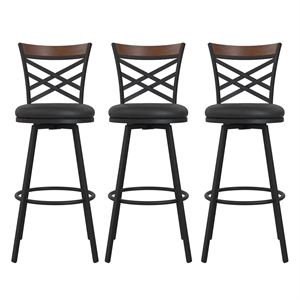 Pemberly Row Upholstered Seat Swivel Barstools in Black (Set of 3)