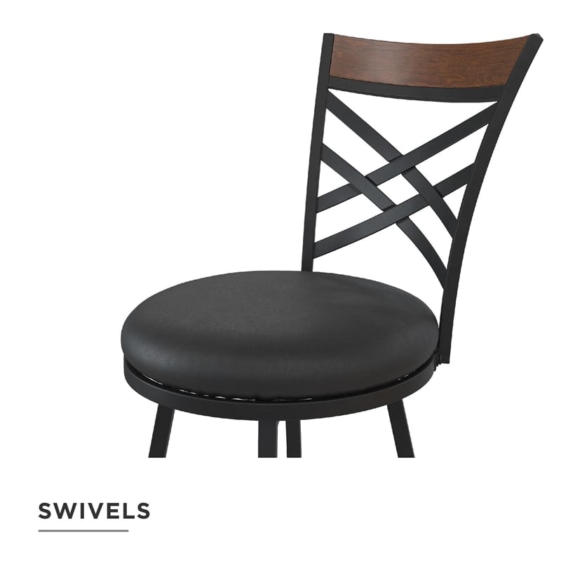 Pemberly Row Upholstered Seat Swivel Barstools in Black (Set of 3)