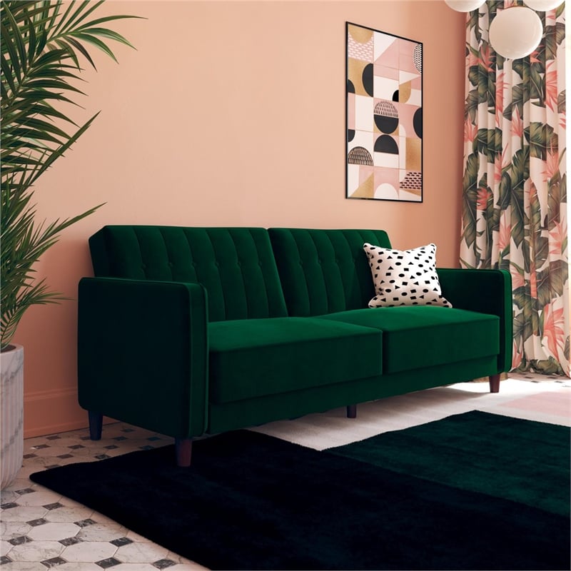 Pemberly Row Tufted Transitional Futon in Green Velvet