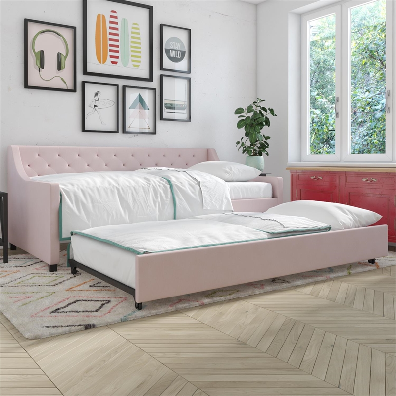 Pemberly Row Daybed and Trundle in Pink Linen