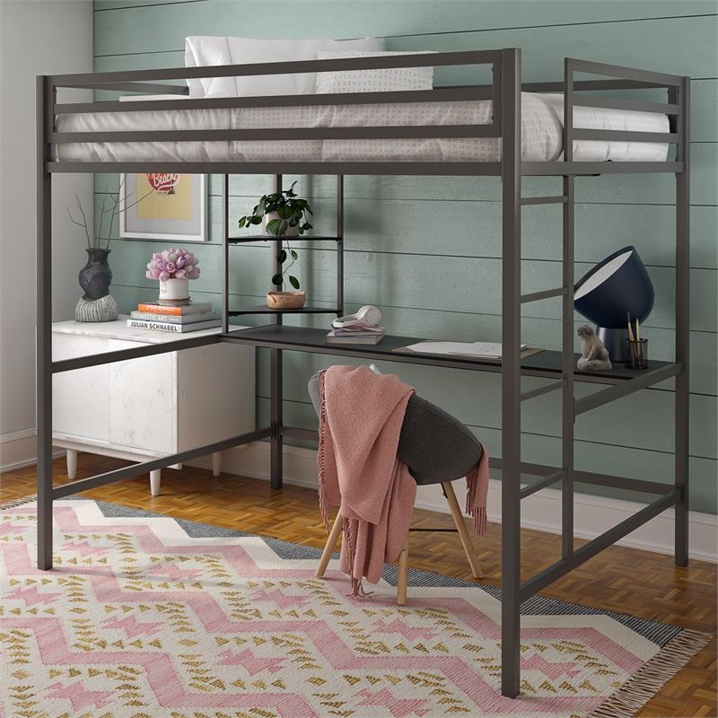 Pemberly Row Metal Full Loft Bed with Desk in Gray & Black