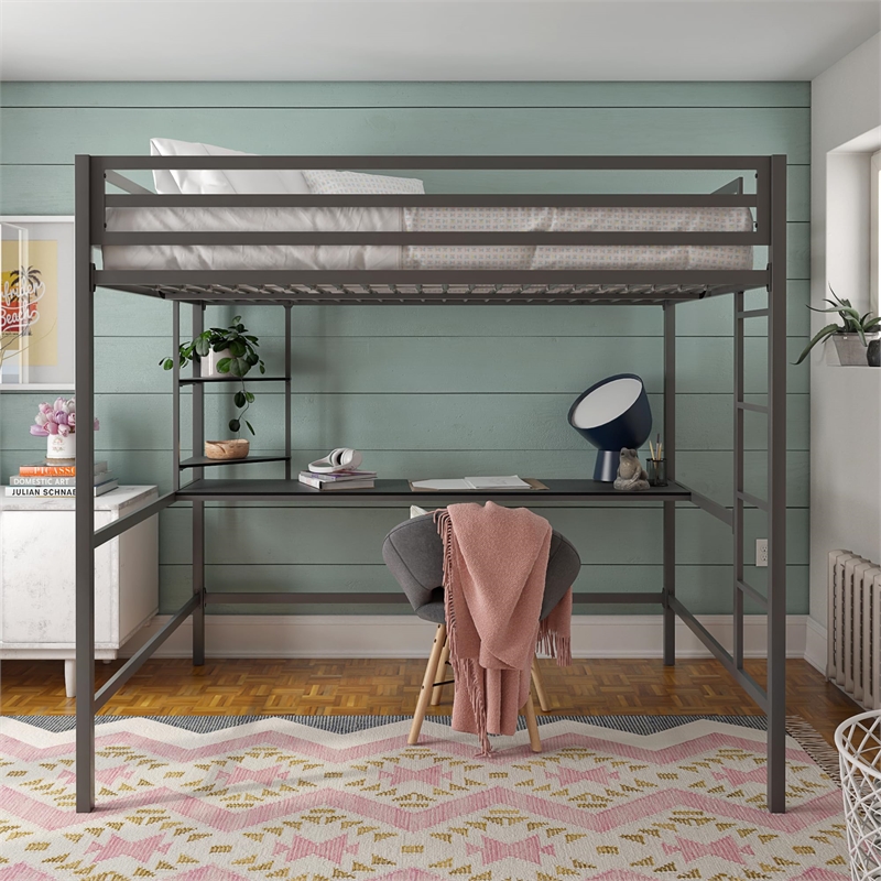Pemberly Row Metal Full Loft Bed with Desk in Gray & Black