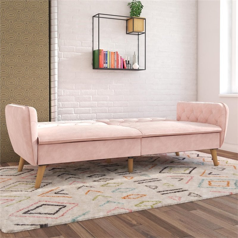 Pemberly Row Memory Foam Futon in Convertible Couch in Pink Velvet