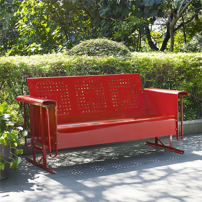 Pemberly Row Metal Gliding Patio Sofa w/ Rocking Mechanism in Bright Red Gloss