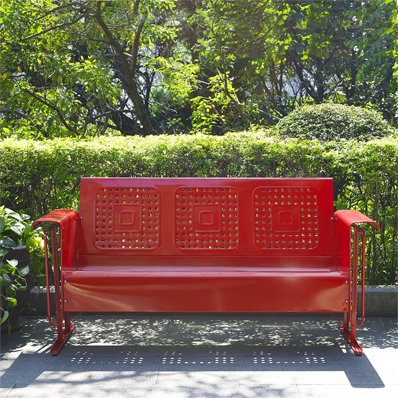 Pemberly Row Metal Gliding Patio Sofa w/ Rocking Mechanism in Bright Red Gloss