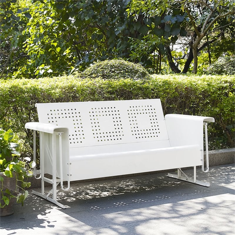 Pemberly Row Metal Gliding Patio Sofa w/ Rocking Mechanism in White