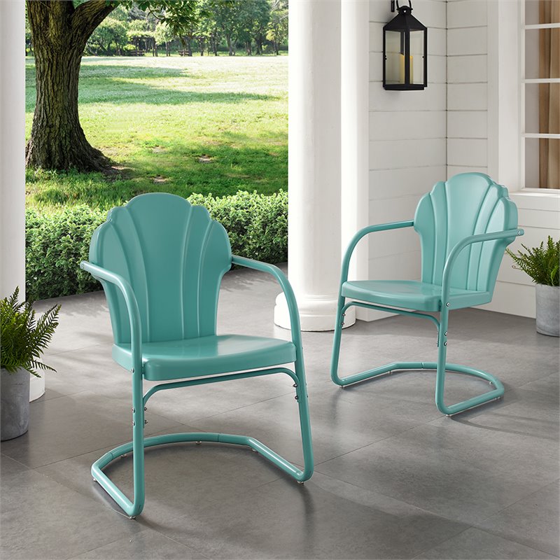 Pemberly Row Steel Metal Outdoor Chair in Pastel Blue Satin (Set of 2)