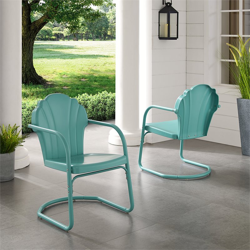 Pemberly Row Steel Metal Outdoor Chair in Pastel Blue Satin (Set of 2)