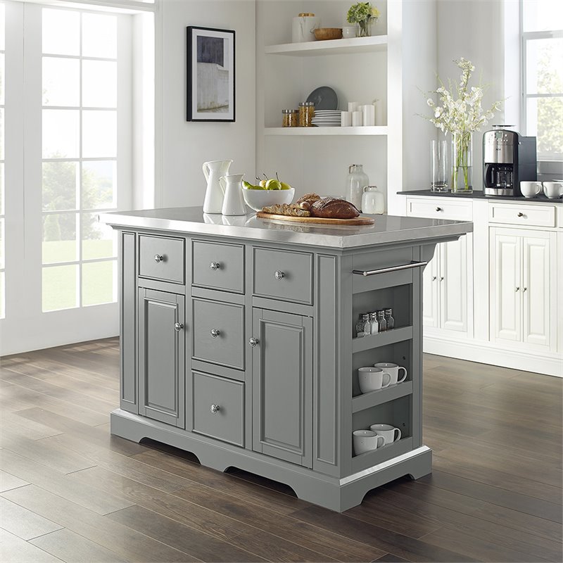 Pemberly Row Transitional Wood/Stainless Steel Kitchen Island in Gray/Chrome