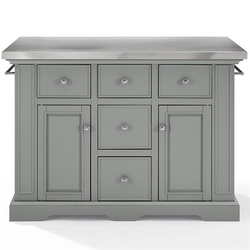 Pemberly Row Transitional Wood/Stainless Steel Kitchen Island in Gray/Chrome