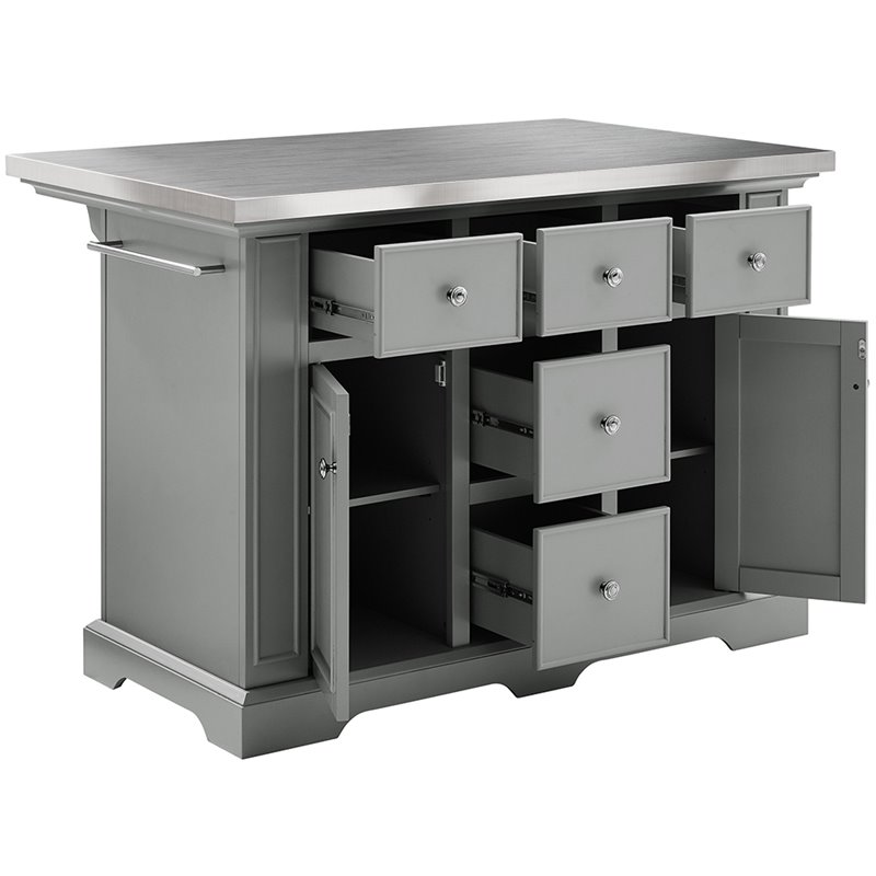 Pemberly Row Transitional Wood/Stainless Steel Kitchen Island in Gray/Chrome