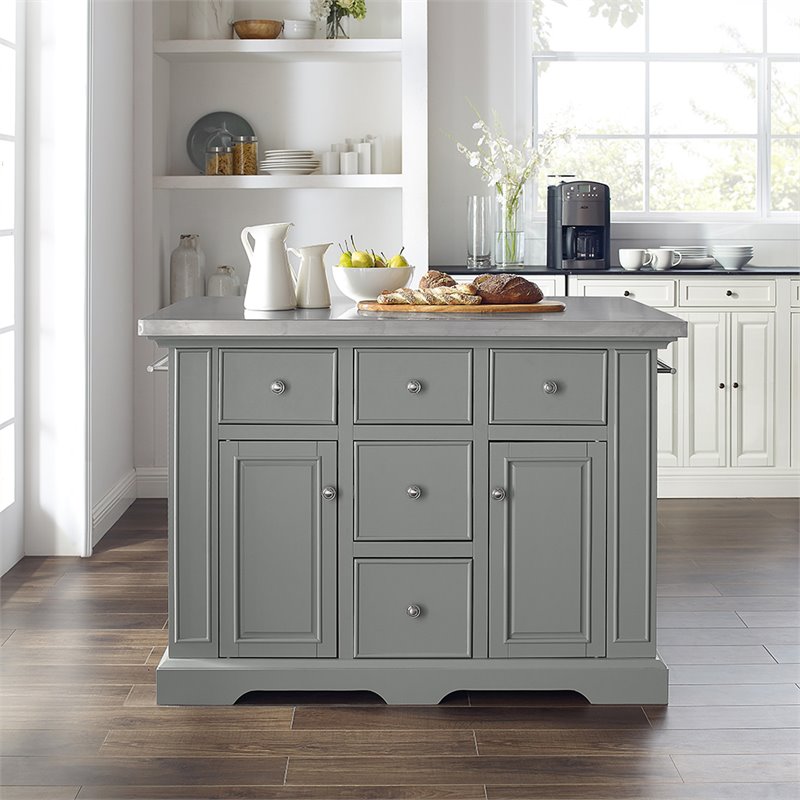 Pemberly Row Transitional Wood/Stainless Steel Kitchen Island in Gray/Chrome