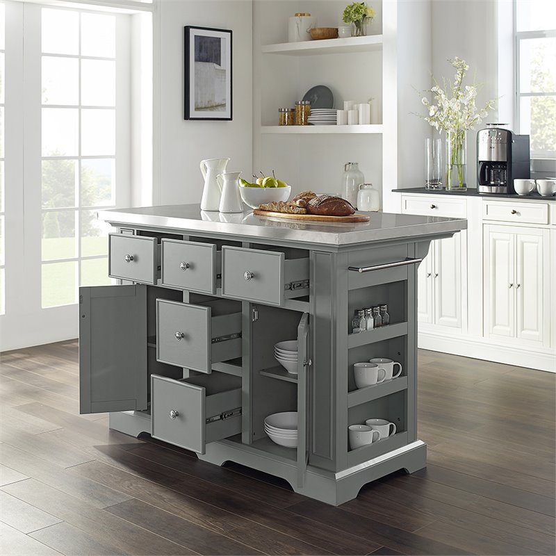 Pemberly Row Transitional Wood/Stainless Steel Kitchen Island in Gray/Chrome