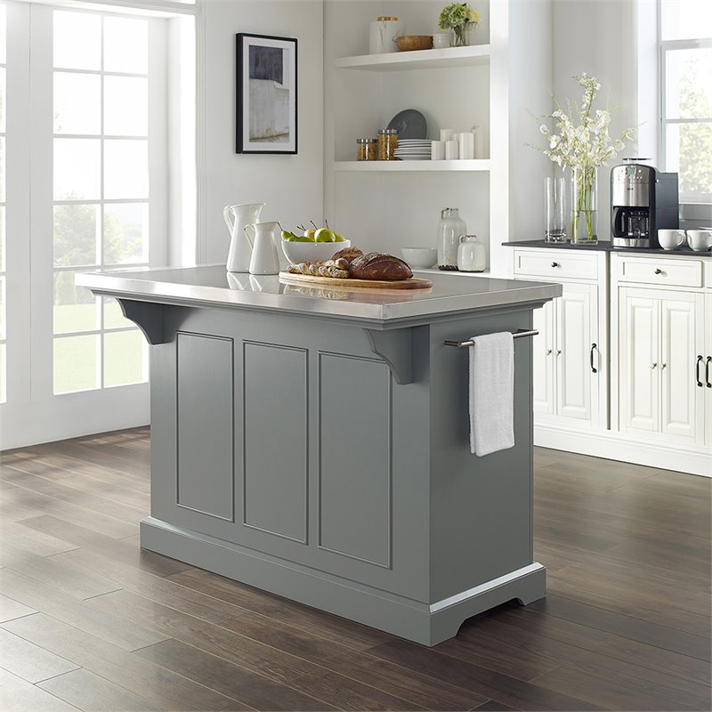 Pemberly Row Transitional Wood/Stainless Steel Kitchen Island in Gray/Chrome