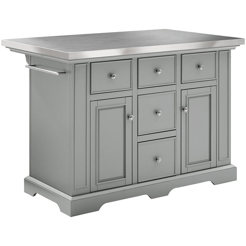 Pemberly Row Transitional Wood/Stainless Steel Kitchen Island in Gray/Chrome