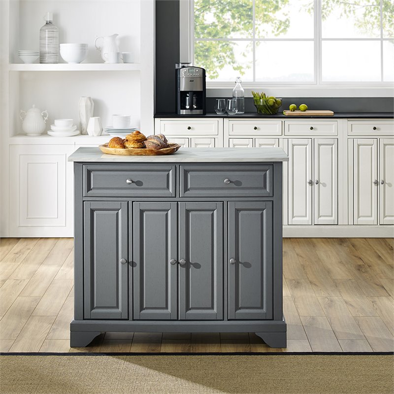Pemberly Row Wood/Faux Marble Kitchen Island in Distressed Gray/White