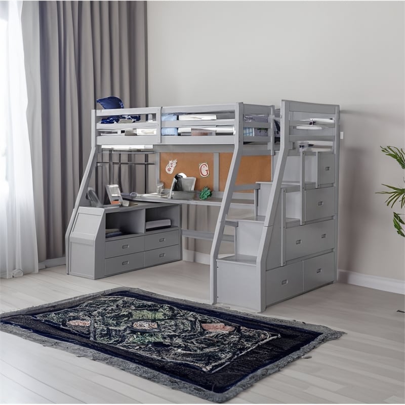 Pemberly Row Modern Wood Twin Size Loft Bed with Storage in Gray