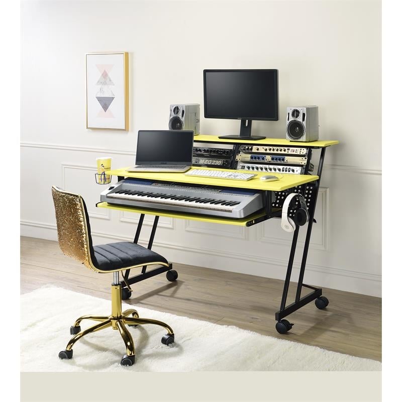 Pemberly Row Contemporary Wood Music Recording Studio Desk in Yellow/Black