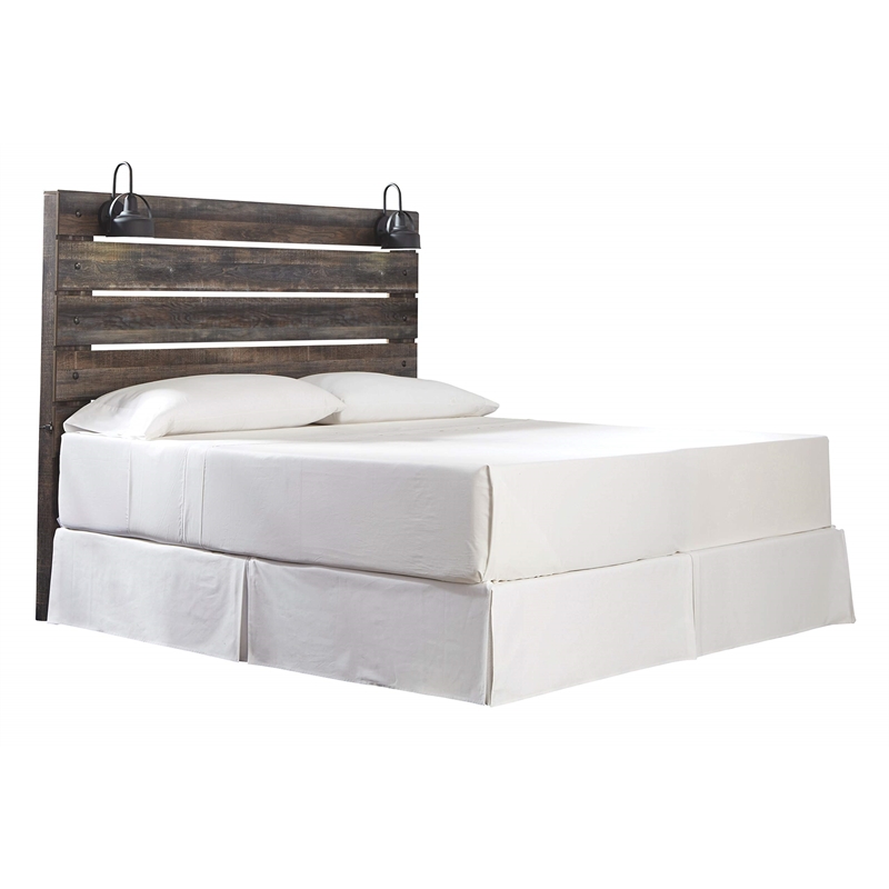 Pemberly Row Engineered Wood King Slat Panel Headboard with Sconces in Brown