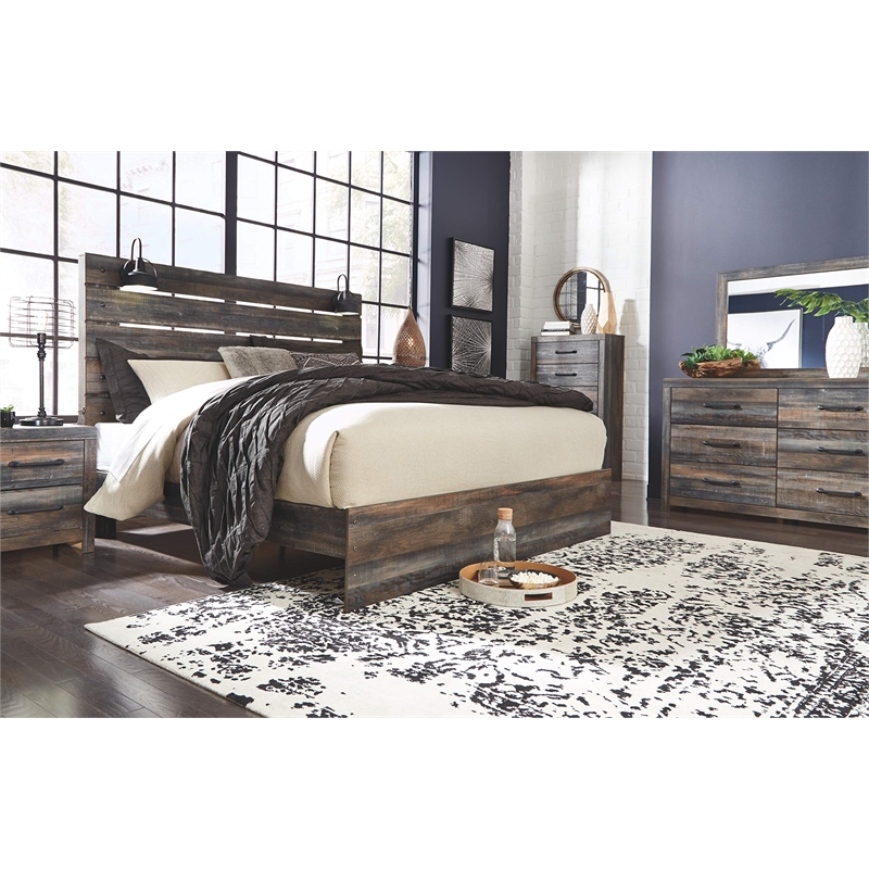 Pemberly Row Engineered Wood King Slat Panel Headboard with Sconces in Brown