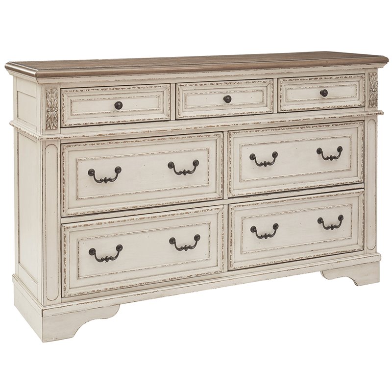 Pemberly Row 7-Drawer Bedroom Dresser in Chipped White and Brown