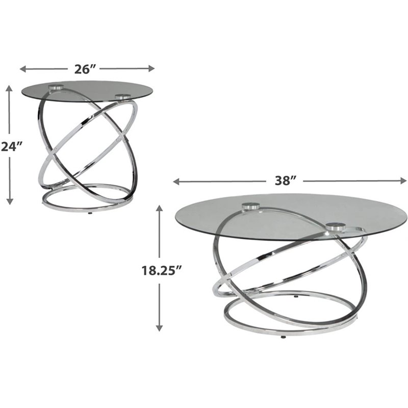 Pemberly Row 3 Piece Glass Top Coffee Table Set in Chrome