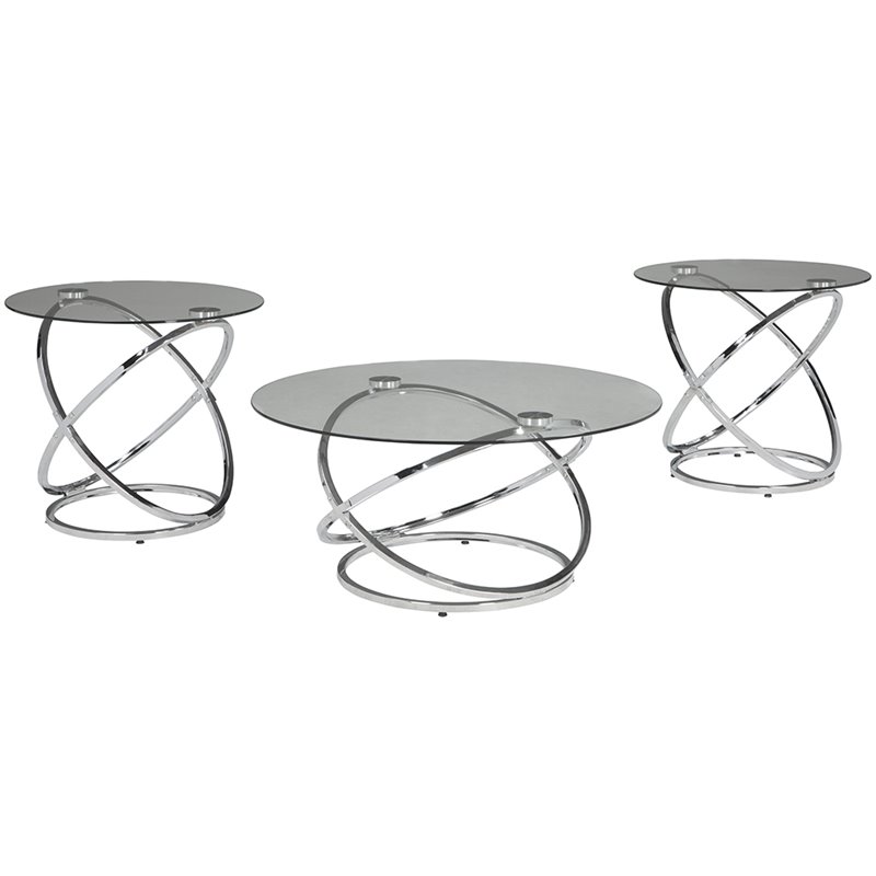Pemberly Row 3 Piece Glass Top Coffee Table Set in Chrome