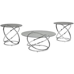 pemberly row 3 piece glass top coffee table set in chrome