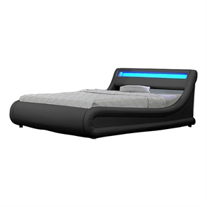 Pemberly Row Modern Faux Leather LED Platform Queen Bed in Black