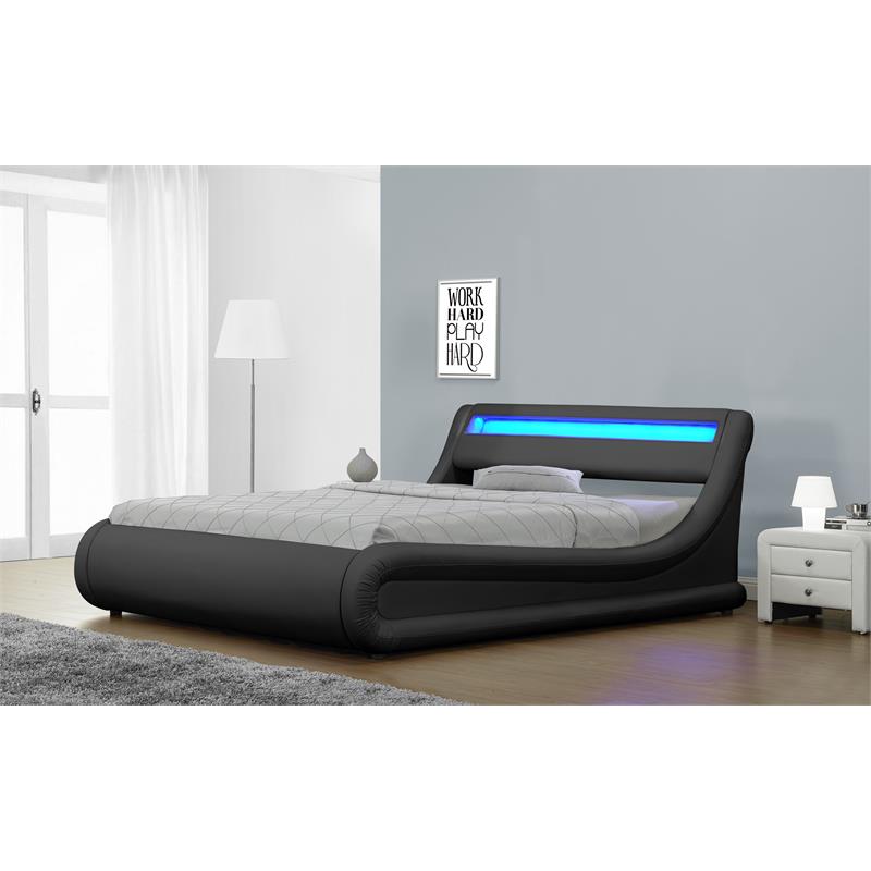 Pemberly Row Modern Faux Leather LED Platform Queen Bed in Black
