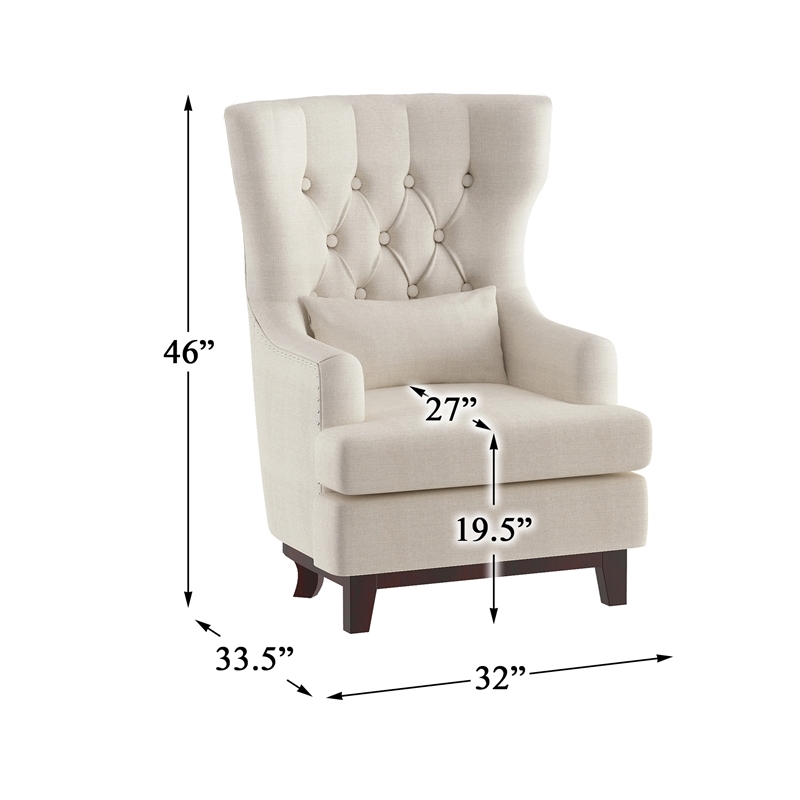 Pemberly Row Traditional Fabric Upholstered Wingback Chair with Pillow in Beige