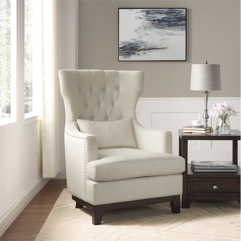 Pemberly Row Traditional Fabric Upholstered Wingback Chair with Pillow in Beige